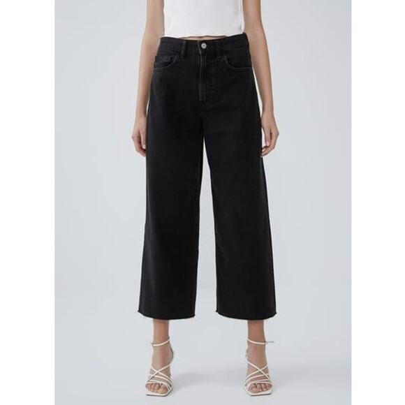 Zara Hi Rise Cropped Culotte Jean Unfinished Raw Hem Wide Leg Denim Washed Black - Picture 11 of 11